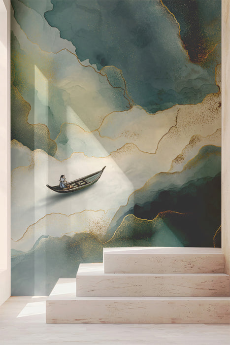 Luxury Teal Fluid Ink with Solitary Boat Mural | Gold Vein Abstract Wallpaper