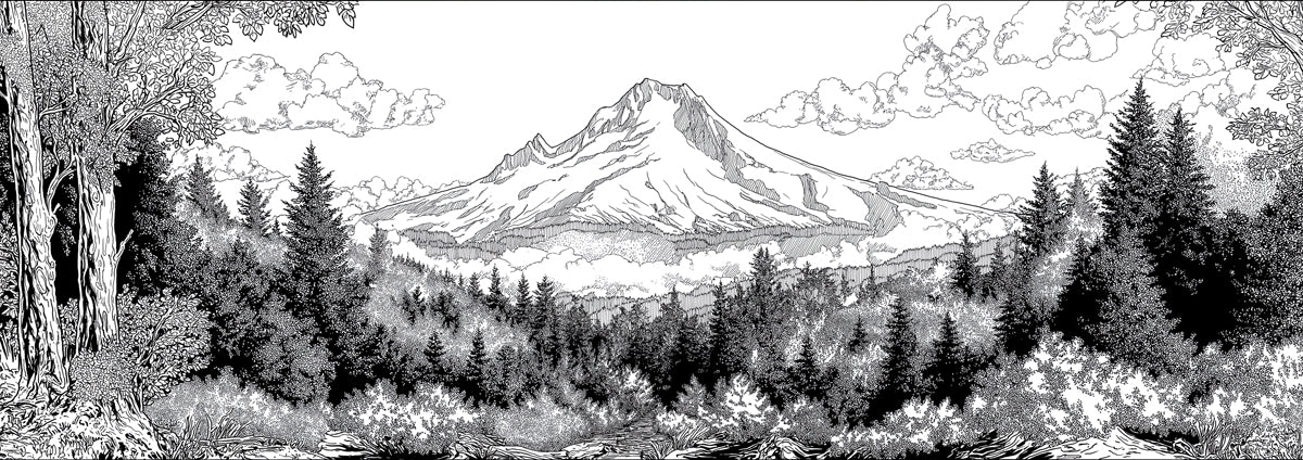 Majestic Mountain Sketch Landscape Mural | Black and White Nature Art Wallpaper