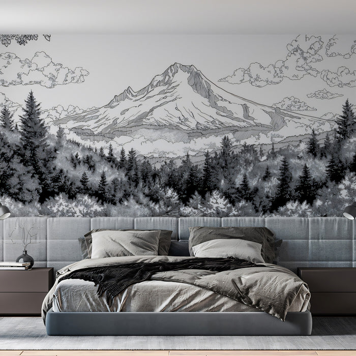 Majestic Mountain Sketch Landscape Mural | Black and White Nature Art Wallpaper