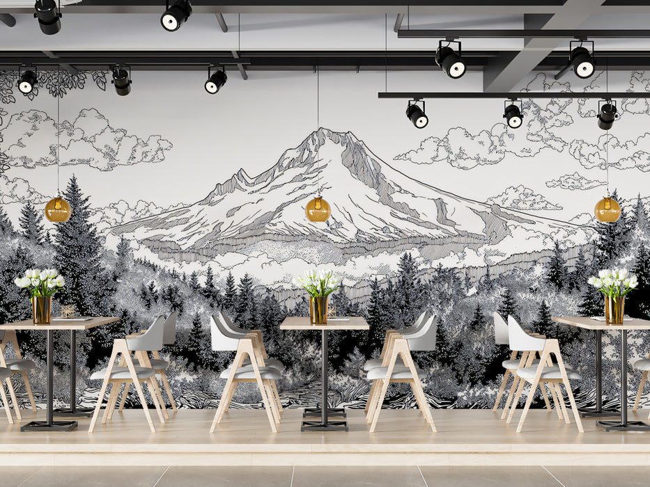 Majestic Mountain Sketch Landscape Mural | Black and White Nature Art Wallpaper