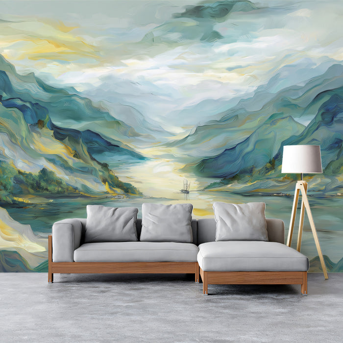 Sun-Drenched Impressionist Lake Mural | Bright Textured Landscape Wallpaper