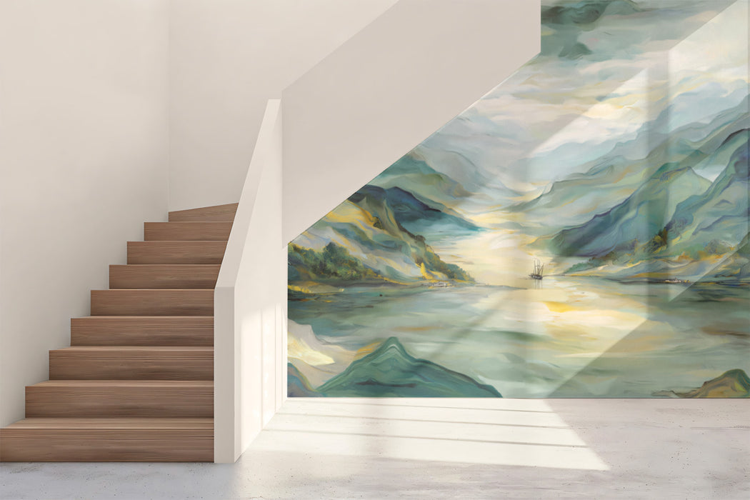 Sun-Drenched Impressionist Lake Mural | Bright Textured Landscape Wallpaper