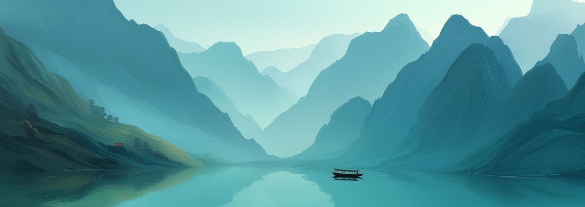 Moody Teal Mountain Lake Mural | Calming Painterly Nature Wallpaper