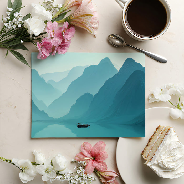 Moody Teal Mountain Lake Mural | Calming Painterly Nature Wallpaper