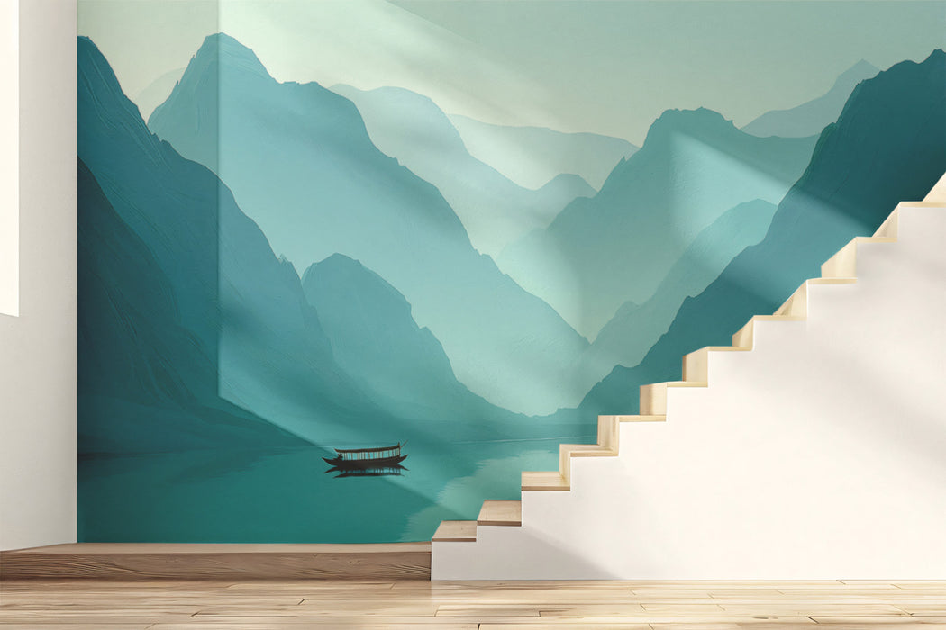 Moody Teal Mountain Lake Mural | Calming Painterly Nature Wallpaper