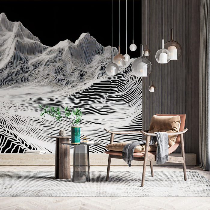 Topographic Wireframe Mountain Mural | Modern Tech Landscape Wallpaper