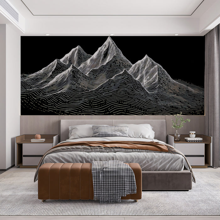 Minimalist Line Art Mountain Range Mural | Modern Monochrome Topographic Wallpaper
