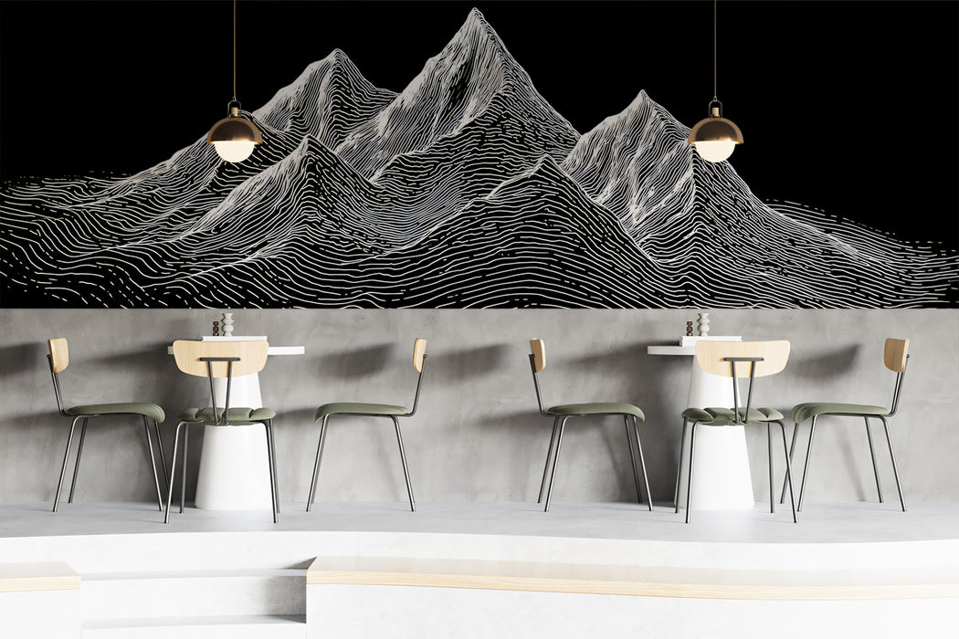 Minimalist Line Art Mountain Range Mural | Modern Monochrome Topographic Wallpaper