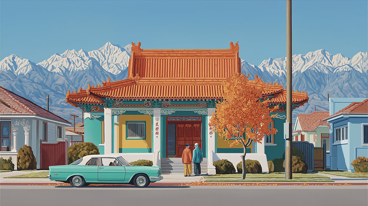 Heritage Asian Pavilion and Snowy Mountains Mural | Nostalgic Oriental Village Wallpaper