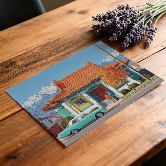 Heritage Asian Pavilion and Snowy Mountains Mural | Nostalgic Oriental Village Wallpaper