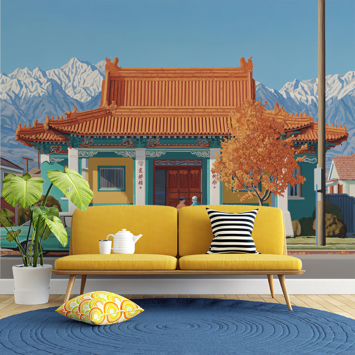 Heritage Asian Pavilion and Snowy Mountains Mural | Nostalgic Oriental Village Wallpaper