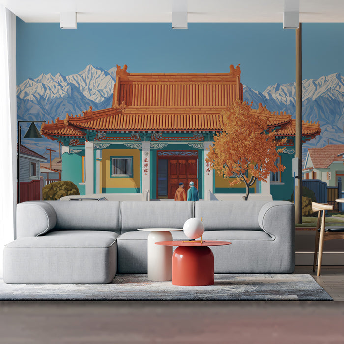 Heritage Asian Pavilion and Snowy Mountains Mural | Nostalgic Oriental Village Wallpaper