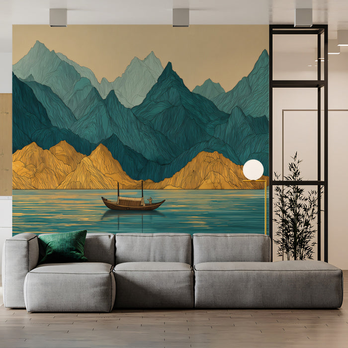 Vibrant Teal and Gold Abstract Mountain Mural | Modern Stylized Horizon Wallpaper