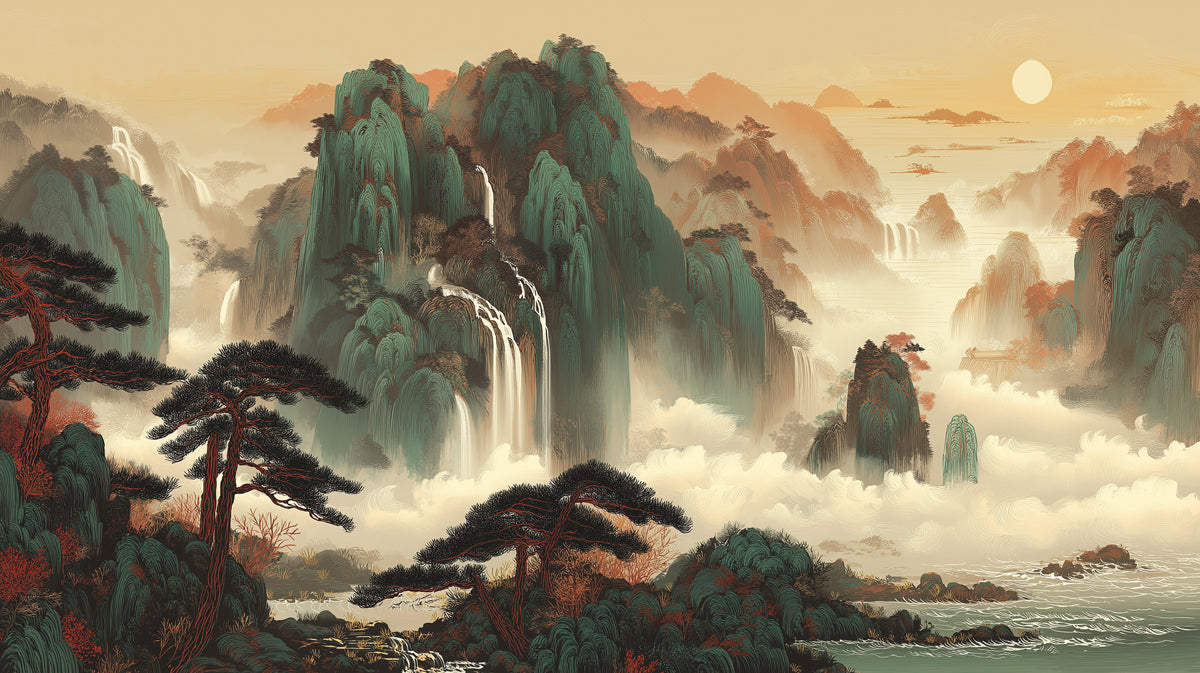 Emerald Peaks and Cascading Waterfalls Shanshui Mural | Traditional Zen Landscape Wallpaper