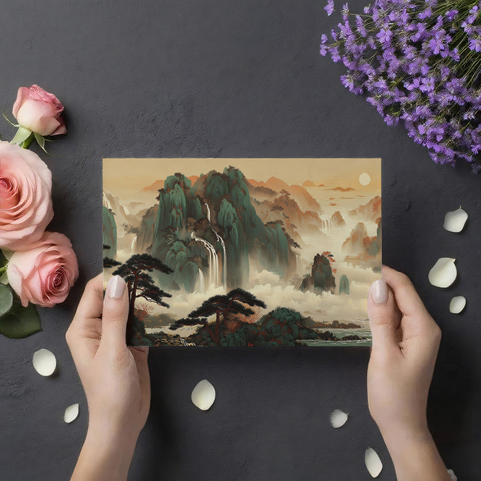 Emerald Peaks and Cascading Waterfalls Shanshui Mural | Traditional Zen Landscape Wallpaper