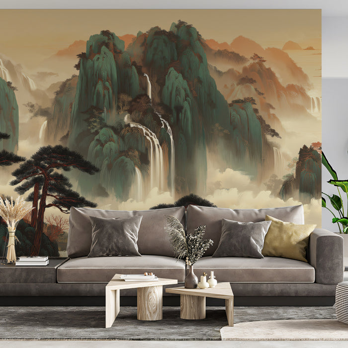 Emerald Peaks and Cascading Waterfalls Shanshui Mural | Traditional Zen Landscape Wallpaper