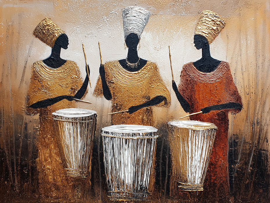 Golden African Rhythm Drummers Oil Painting Mural | Textured Ethnic Art Wallpaper