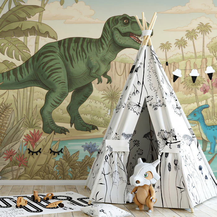 Prehistoric Jungle Dinosaur Adventure Mural | Educational Kids Nature Wallpaper