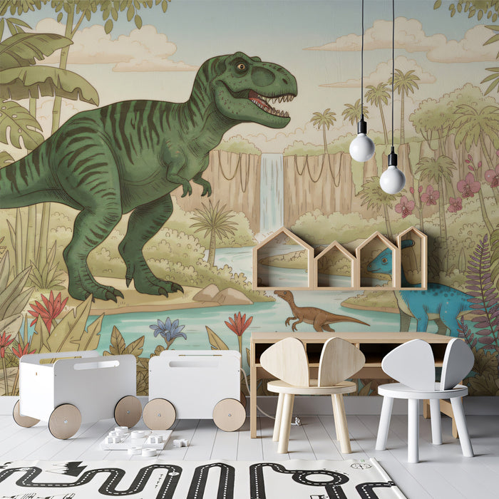 Prehistoric Jungle Dinosaur Adventure Mural | Educational Kids Nature Wallpaper
