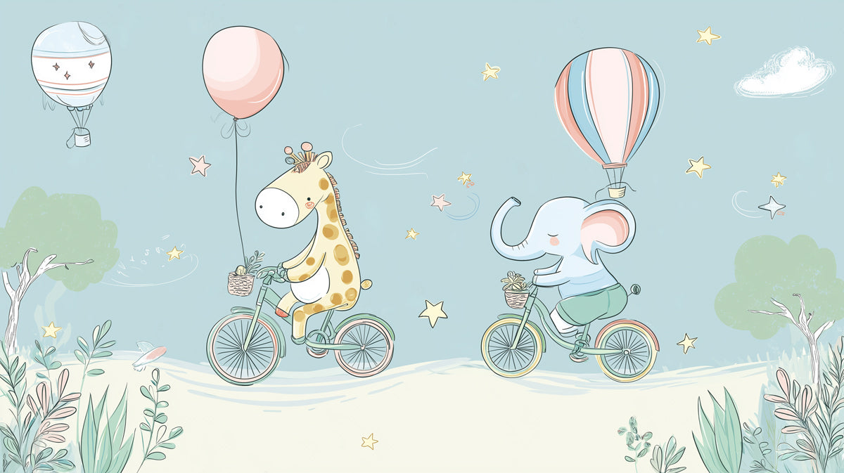 Whimsical Blue Sky Nursery Giraffe and Elephant Mural | Playful Pastel Kids Wallpaper