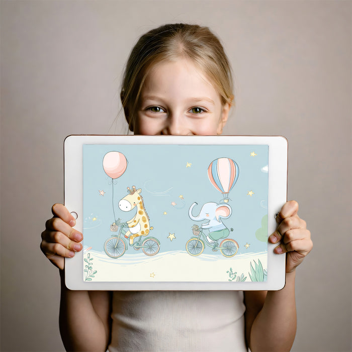 Whimsical Blue Sky Nursery Giraffe and Elephant Mural | Playful Pastel Kids Wallpaper