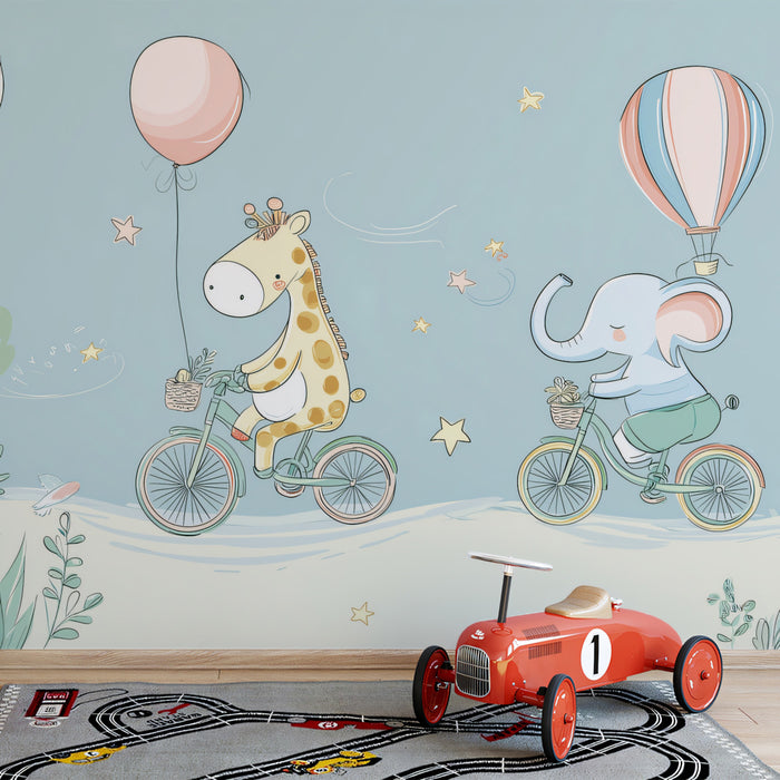Whimsical Blue Sky Nursery Giraffe and Elephant Mural | Playful Pastel Kids Wallpaper
