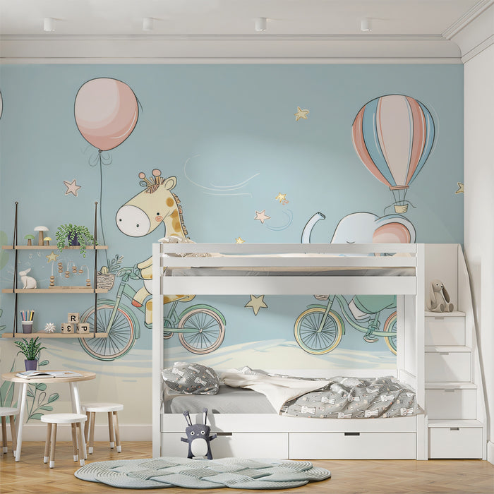 Whimsical Blue Sky Nursery Giraffe and Elephant Mural | Playful Pastel Kids Wallpaper