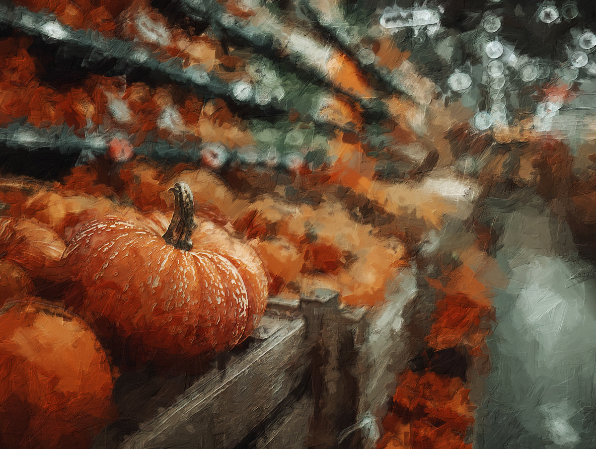 Impressionist Autumn Pumpkin Garden Mural | Textured Seasonal Harvest Wallpaper