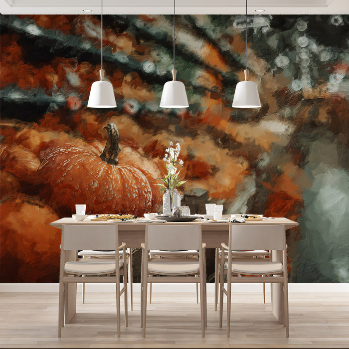 Impressionist Autumn Pumpkin Garden Mural | Textured Seasonal Harvest Wallpaper