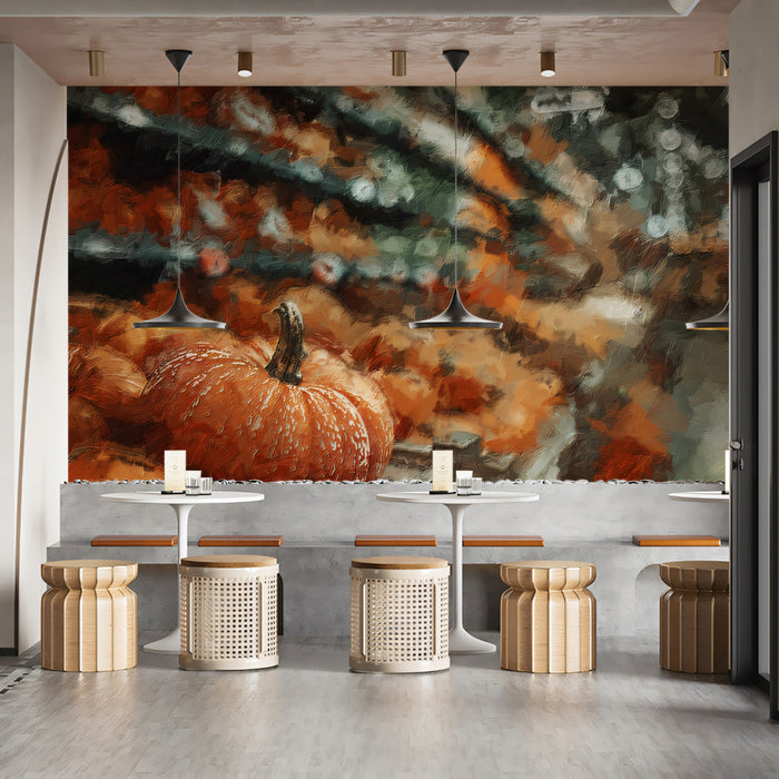 Impressionist Autumn Pumpkin Garden Mural | Textured Seasonal Harvest Wallpaper