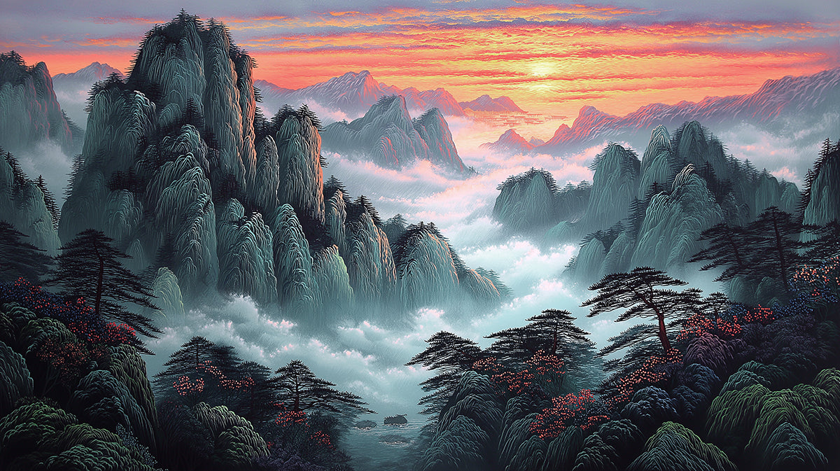 Majestic Sunset Peaks Misty Mountain Mural | Vibrant Nature Horizon Wallpaper