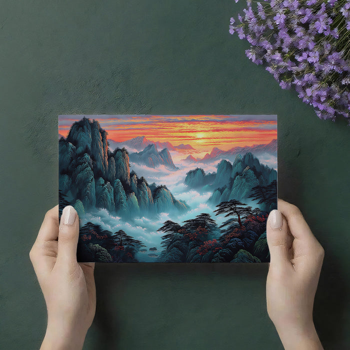 Majestic Sunset Peaks Misty Mountain Mural | Vibrant Nature Horizon Wallpaper