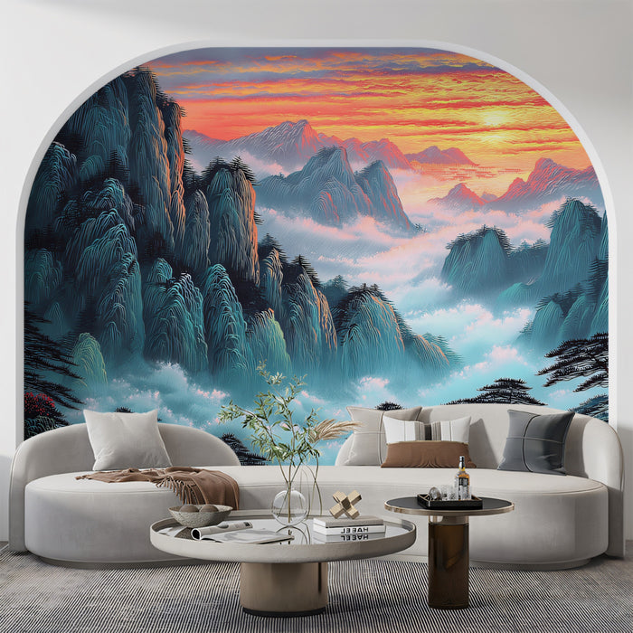 Majestic Sunset Peaks Misty Mountain Mural | Vibrant Nature Horizon Wallpaper