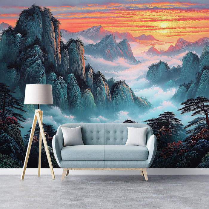 Majestic Sunset Peaks Misty Mountain Mural | Vibrant Nature Horizon Wallpaper
