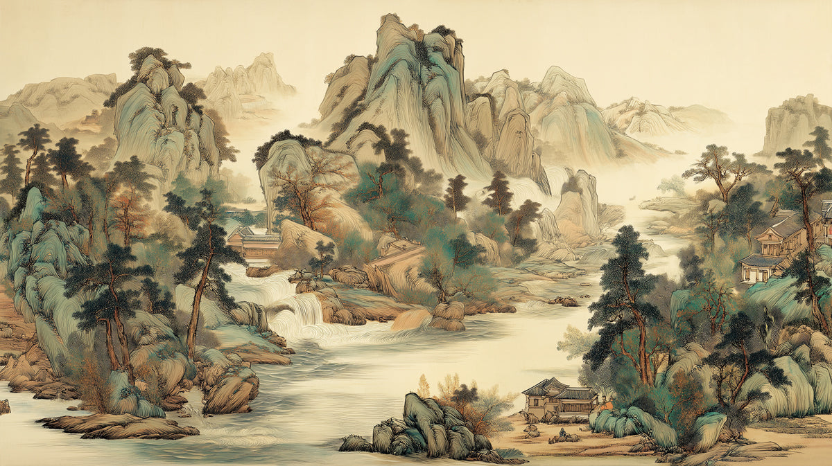 Traditional Oriental Shanshui Heritage Mural | Earthy Zen Landscape Wallpaper
