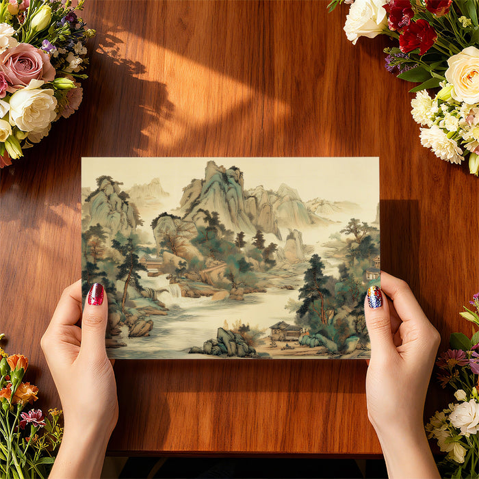 Traditional Oriental Shanshui Heritage Mural | Earthy Zen Landscape Wallpaper