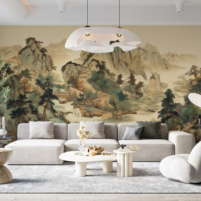 Traditional Oriental Shanshui Heritage Mural | Earthy Zen Landscape Wallpaper