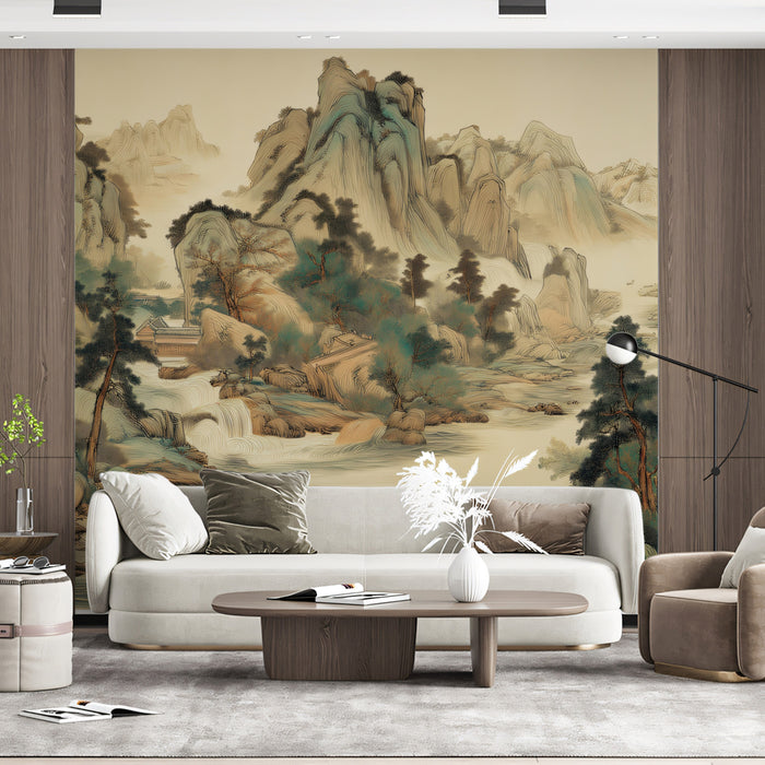 Traditional Oriental Shanshui Heritage Mural | Earthy Zen Landscape Wallpaper