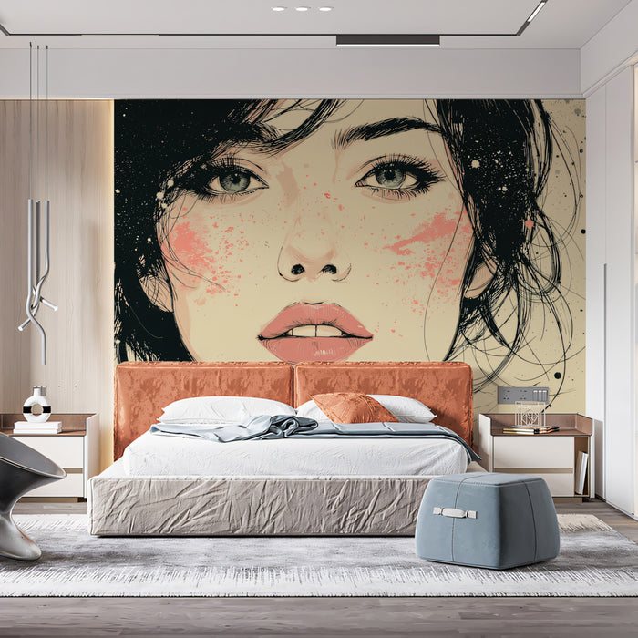 Modern Artistic Portrait Sketch Mural | Expressive Ink Splatter Art Wallpaper