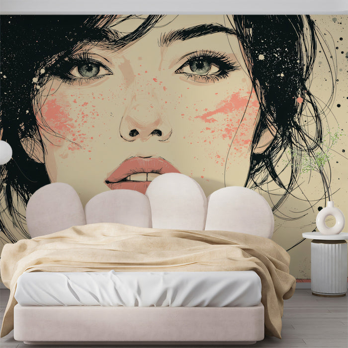 Modern Artistic Portrait Sketch Mural | Expressive Ink Splatter Art Wallpaper