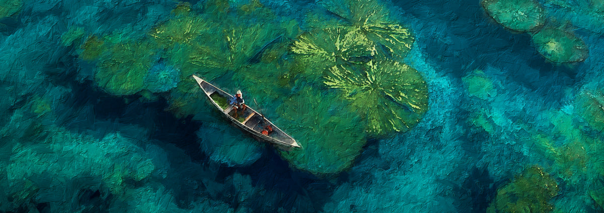 Impressionist Emerald Water Lily Pad Mural | Aerial Boat Reflection Wallpaper