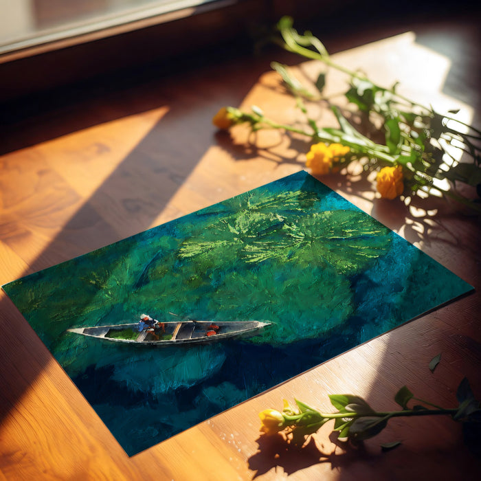 Impressionist Emerald Water Lily Pad Mural | Aerial Boat Reflection Wallpaper