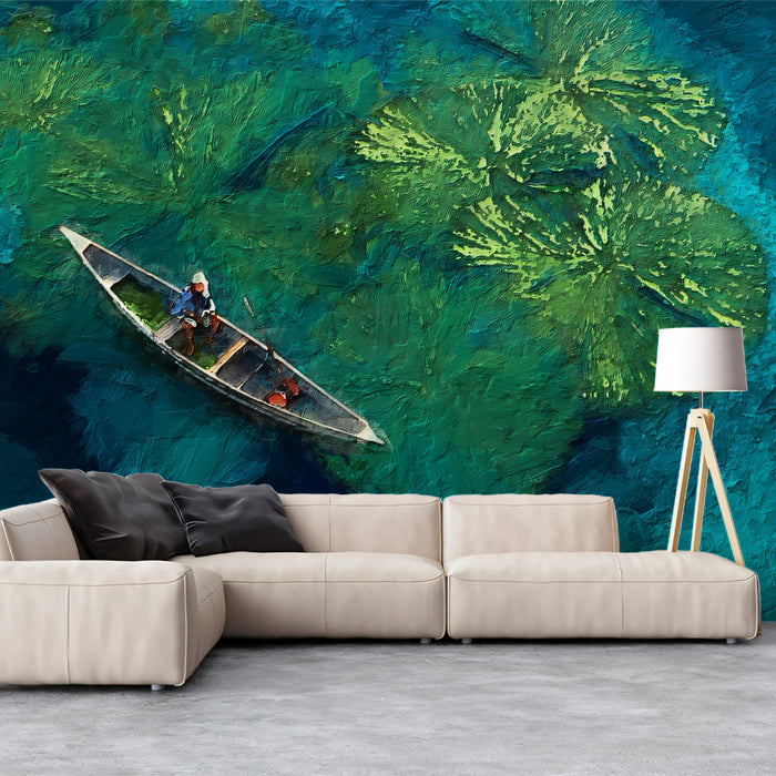 Impressionist Emerald Water Lily Pad Mural | Aerial Boat Reflection Wallpaper