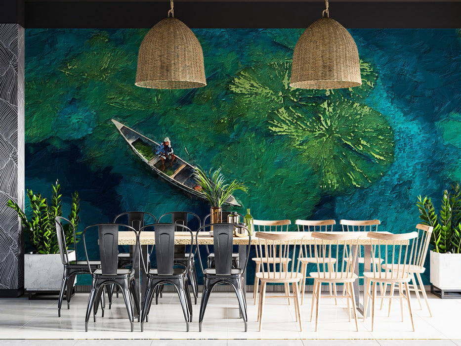 Impressionist Emerald Water Lily Pad Mural | Aerial Boat Reflection Wallpaper