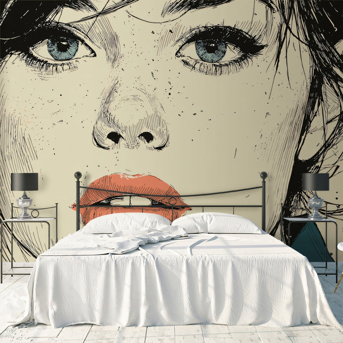 Chic Line Art Female Portrait Mural | Sophisticated Ink Sketch Wallpaper