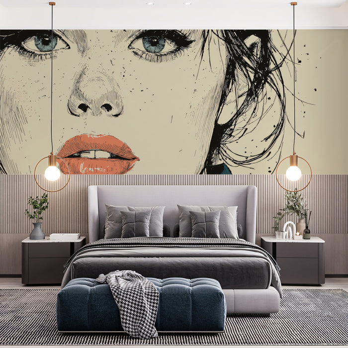 Chic Line Art Female Portrait Mural | Sophisticated Ink Sketch Wallpaper