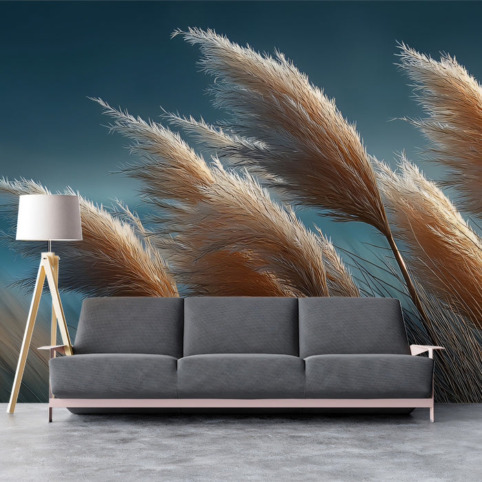Moody Cinematic Pampas Grass Mural | Soft Texture Dark Blue Landscape