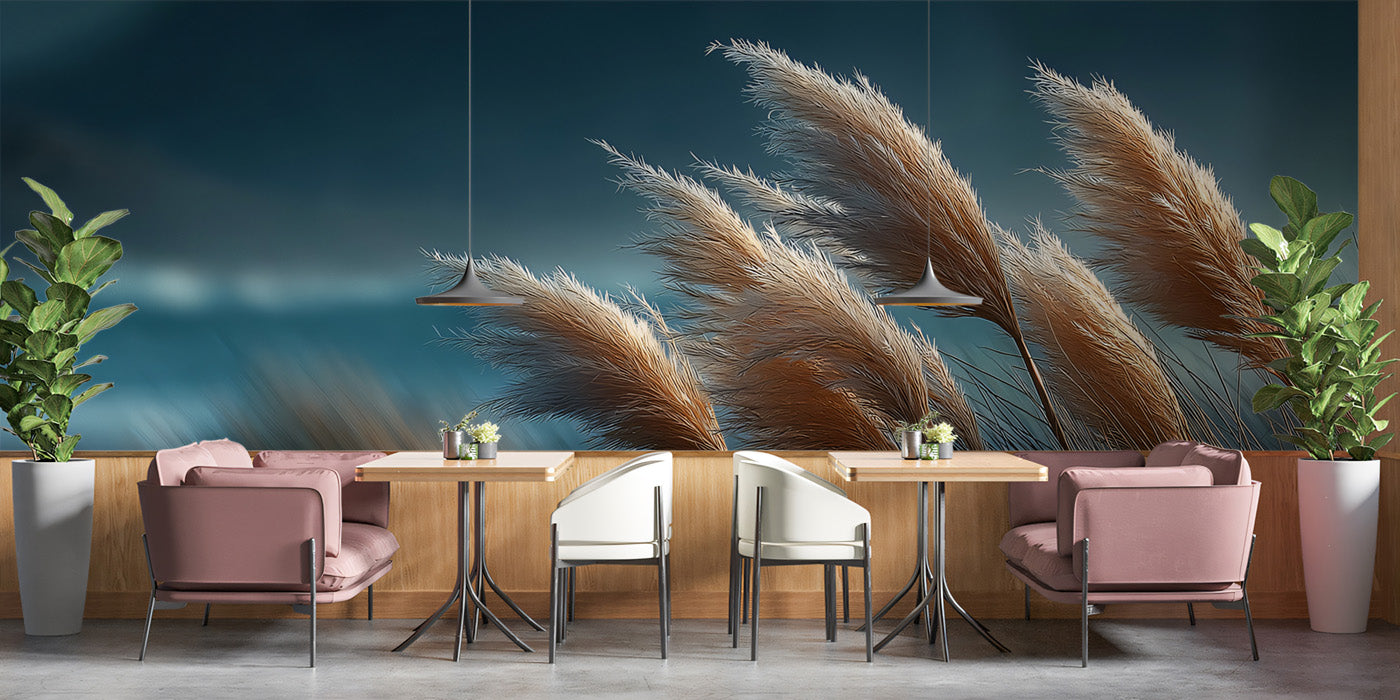 Moody Cinematic Pampas Grass Mural | Soft Texture Dark Blue Landscape
