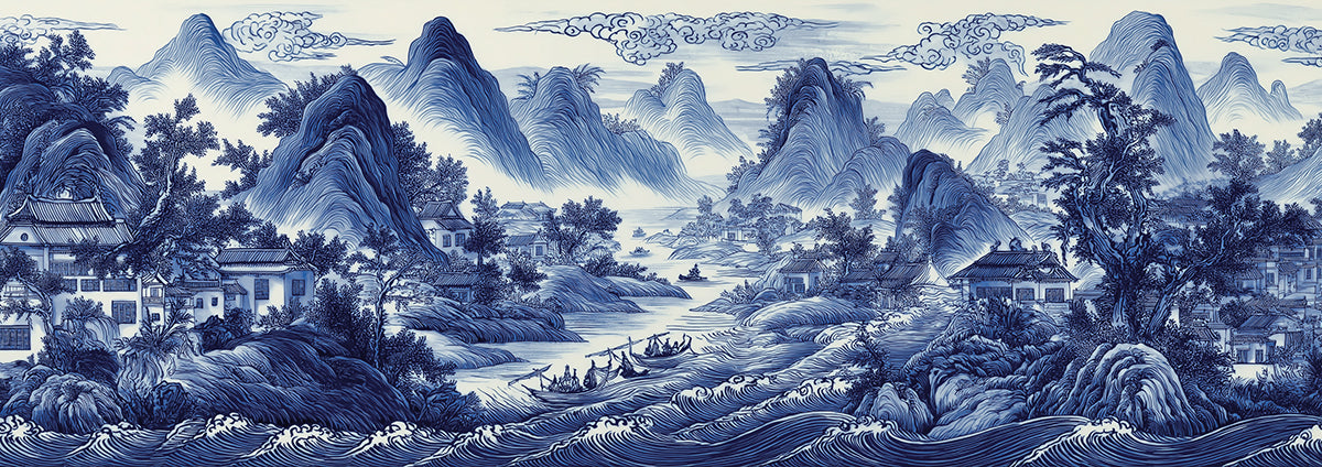 Cobalt Blue Chinoiserie Panoramic Mural | Porcelain Style Seascape Wallpaper
