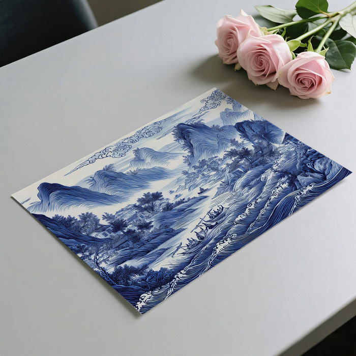 Cobalt Blue Chinoiserie Panoramic Mural | Porcelain Style Seascape Wallpaper